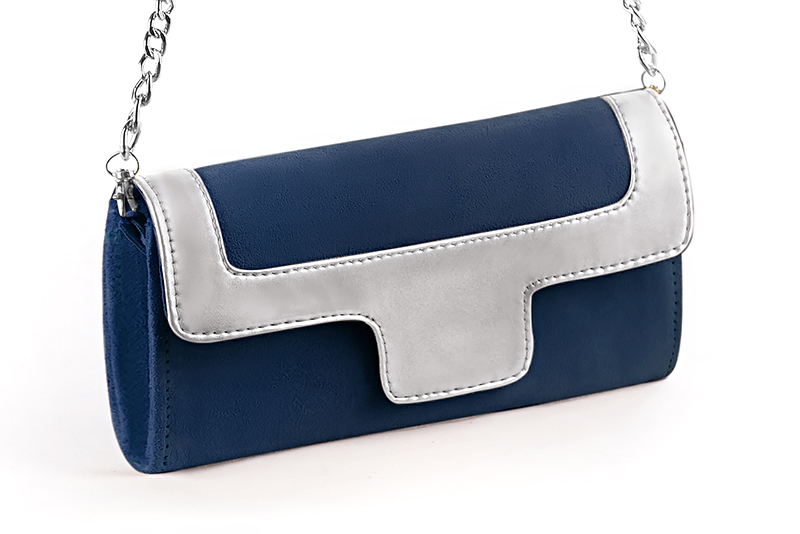 Navy blue and light silver women's dress clutch, for weddings, ceremonies, cocktails and parties. Front view - Florence KOOIJMAN